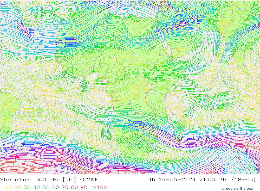 Línea de corriente 300 hPa ECMWF jue 16.05.2024 21 UTC