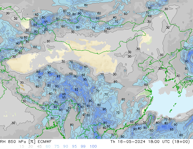 RH 850 hPa ECMWF 星期四 16.05.2024 18 UTC