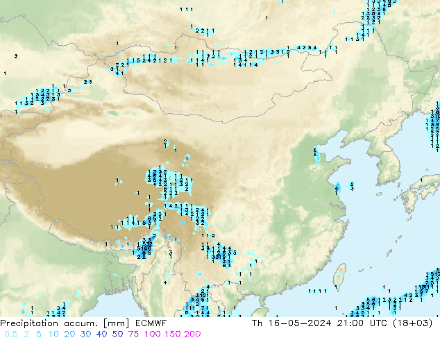 Precipitation accum. ECMWF Qui 16.05.2024 21 UTC