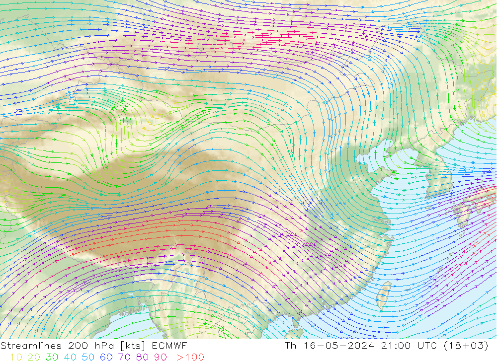 风 200 hPa ECMWF 星期四 16.05.2024 21 UTC