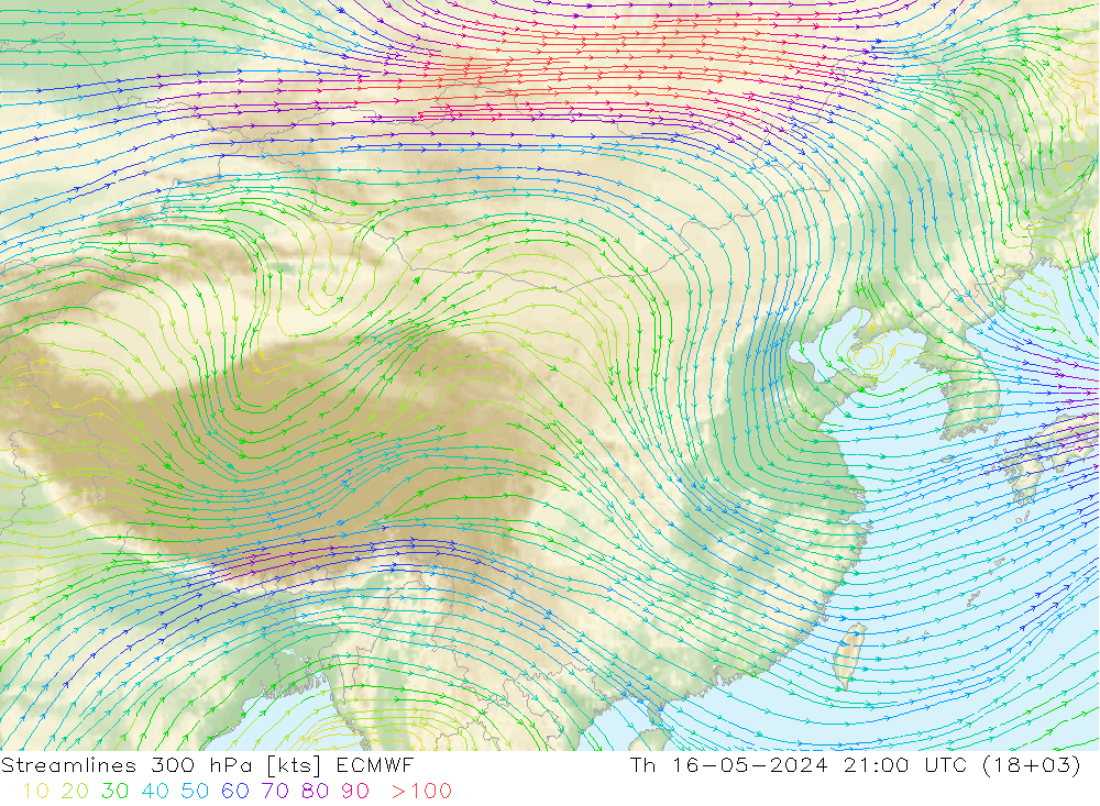 风 300 hPa ECMWF 星期四 16.05.2024 21 UTC