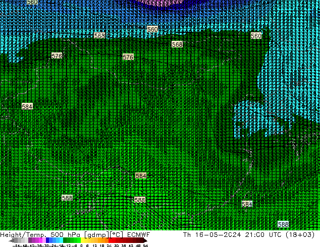 Height/Temp. 500 hPa ECMWF czw. 16.05.2024 21 UTC