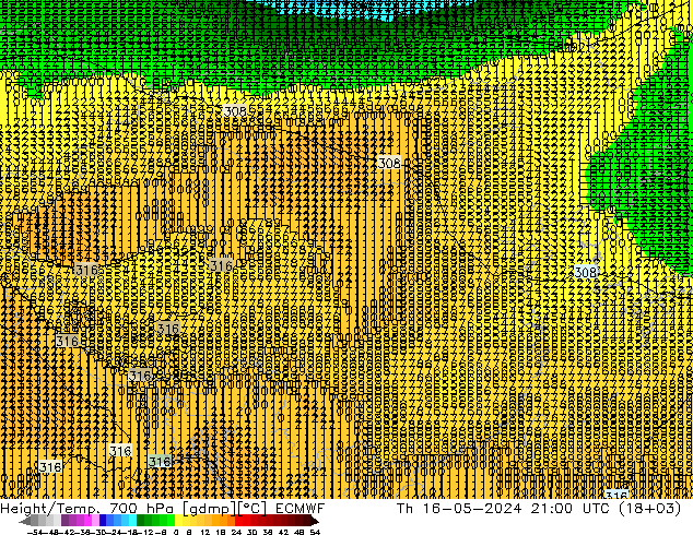 Hoogte/Temp. 700 hPa ECMWF do 16.05.2024 21 UTC