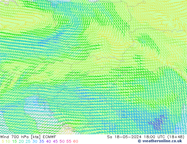 wiatr 700 hPa ECMWF so. 18.05.2024 18 UTC