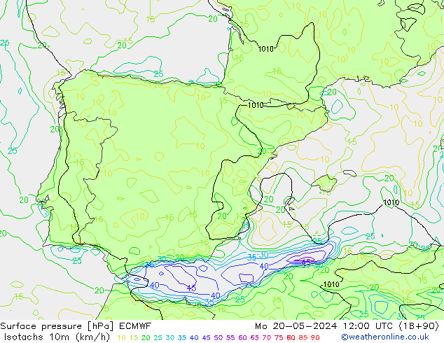 Isotachs (kph) ECMWF Po 20.05.2024 12 UTC