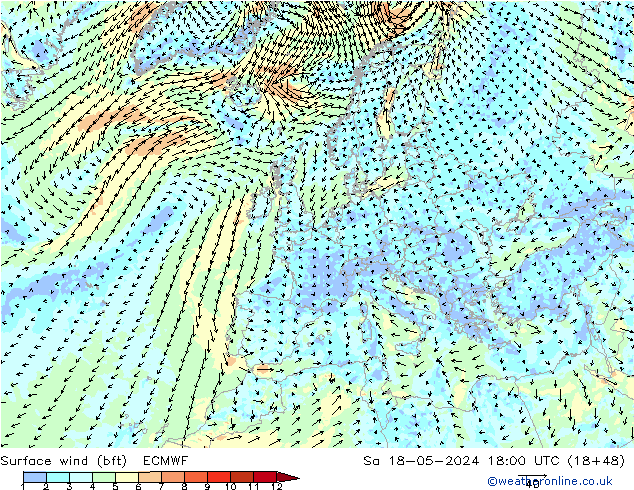 Bodenwind (bft) ECMWF Sa 18.05.2024 18 UTC