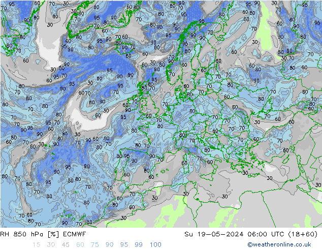 Humidité rel. 850 hPa ECMWF dim 19.05.2024 06 UTC