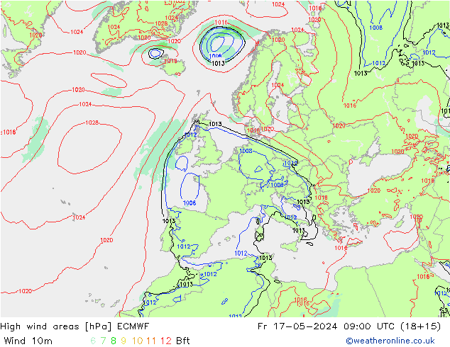 High wind areas ECMWF Pá 17.05.2024 09 UTC
