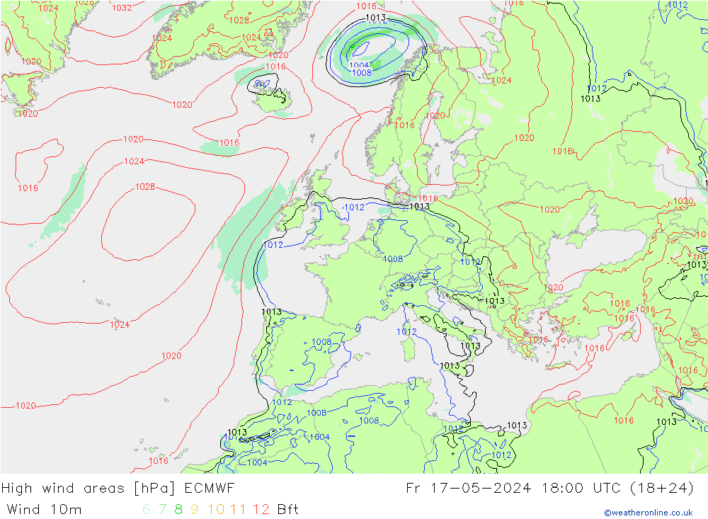 High wind areas ECMWF Fr 17.05.2024 18 UTC
