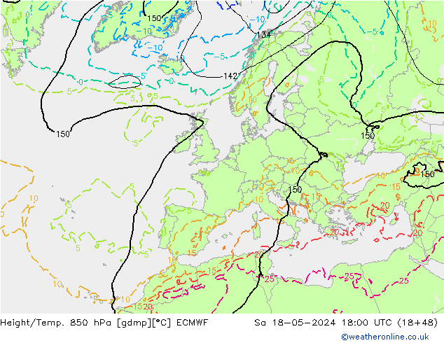 Height/Temp. 850 hPa ECMWF so. 18.05.2024 18 UTC