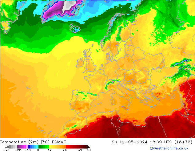 Temperatura (2m) ECMWF Dom 19.05.2024 18 UTC