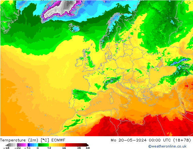 карта температуры ECMWF пн 20.05.2024 00 UTC
