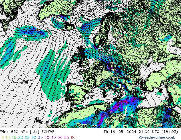 Wind 850 hPa ECMWF Čt 16.05.2024 21 UTC