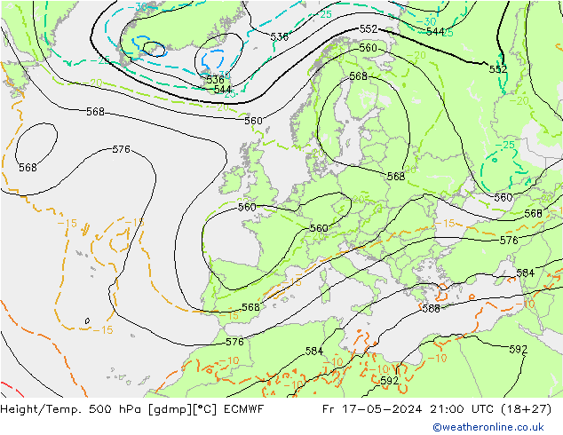 Hoogte/Temp. 500 hPa ECMWF vr 17.05.2024 21 UTC