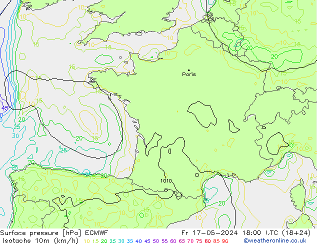 Isotachs (kph) ECMWF Fr 17.05.2024 18 UTC