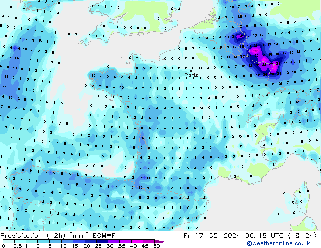 Precipitation (12h) ECMWF Fr 17.05.2024 18 UTC