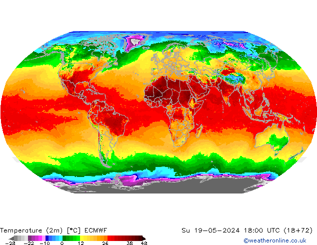 Temperatuurkaart (2m) ECMWF zo 19.05.2024 18 UTC