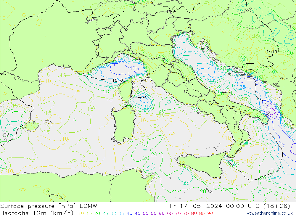 Isotachs (kph) ECMWF Fr 17.05.2024 00 UTC