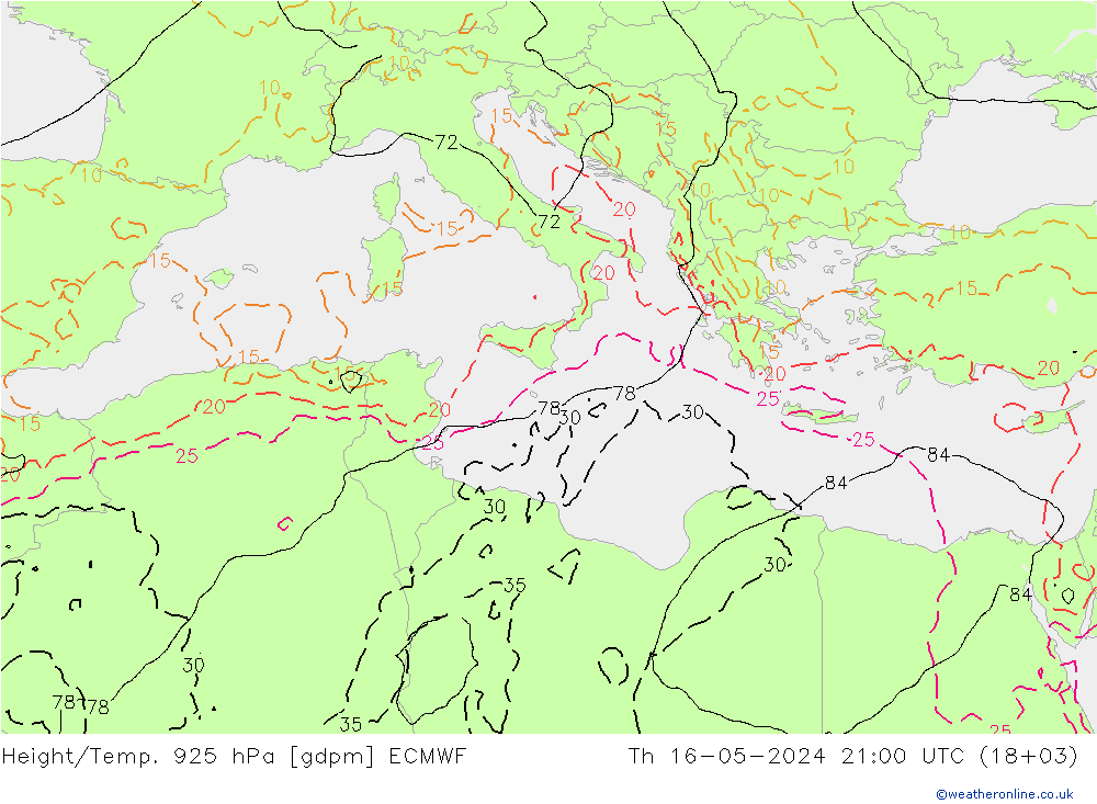 Hoogte/Temp. 925 hPa ECMWF do 16.05.2024 21 UTC