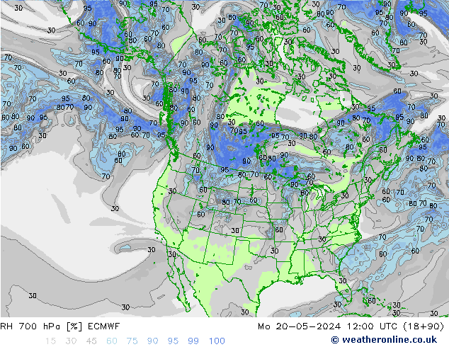 RH 700 hPa ECMWF pon. 20.05.2024 12 UTC