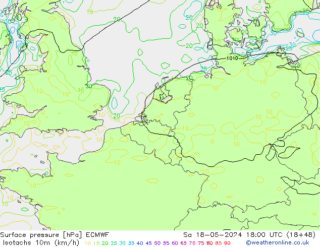 Isotachen (km/h) ECMWF Sa 18.05.2024 18 UTC