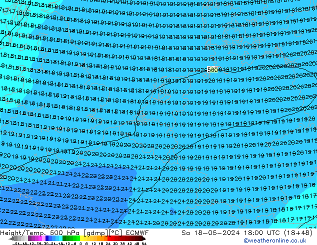 Height/Temp. 500 hPa ECMWF Sa 18.05.2024 18 UTC