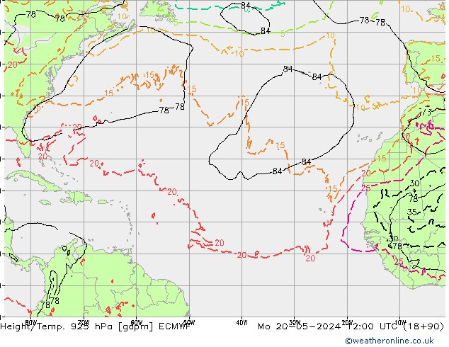 Yükseklik/Sıc. 925 hPa ECMWF Pzt 20.05.2024 12 UTC