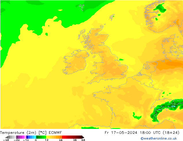 Temperatura (2m) ECMWF ven 17.05.2024 18 UTC