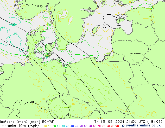 Isotachs (mph) ECMWF Čt 16.05.2024 21 UTC