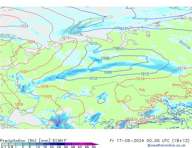 Totale neerslag (6h) ECMWF vr 17.05.2024 06 UTC