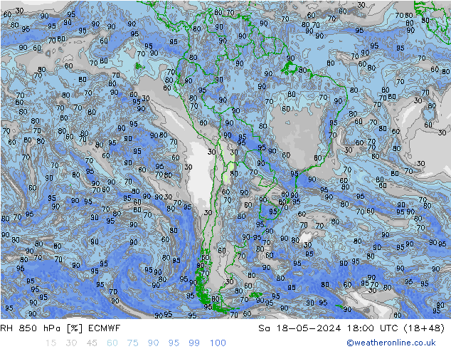 Humidité rel. 850 hPa ECMWF sam 18.05.2024 18 UTC
