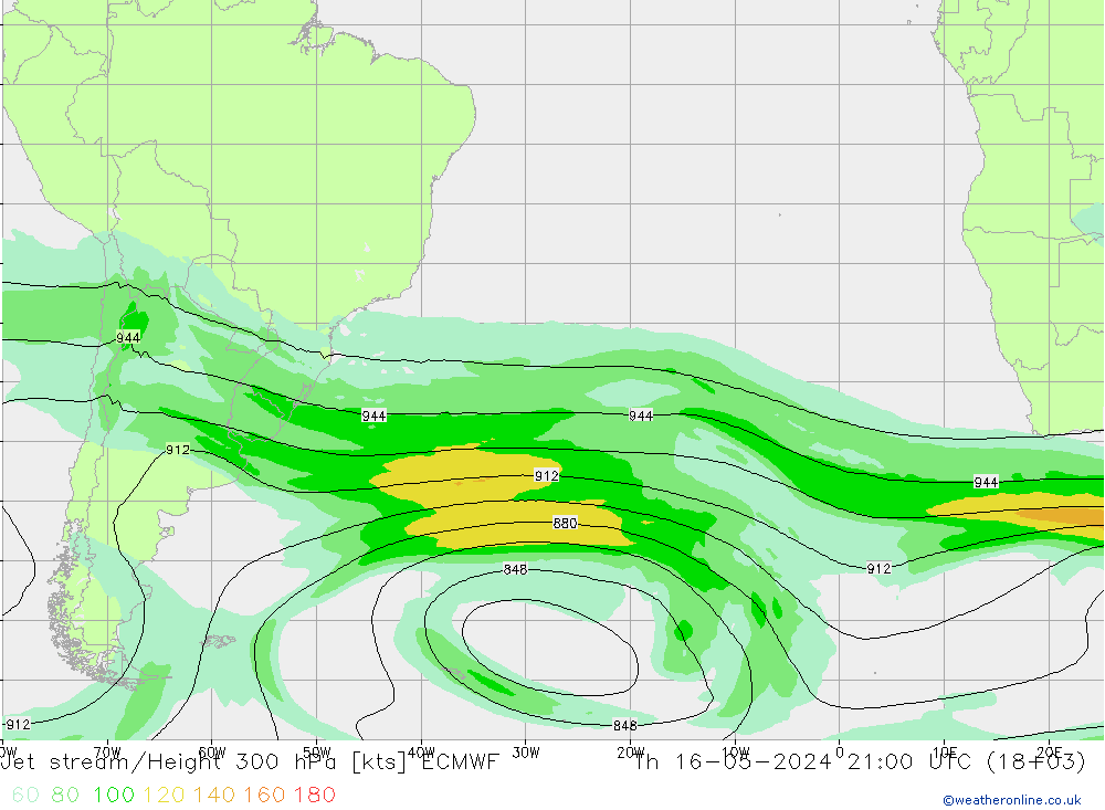 Jet stream/Height 300 hPa ECMWF Čt 16.05.2024 21 UTC