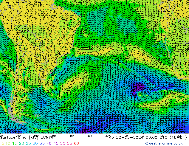 Neerslag 6h/Wind 10m/950 ECMWF ma 20.05.2024 06 UTC