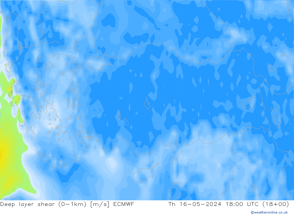 Deep layer shear (0-1km) ECMWF gio 16.05.2024 18 UTC