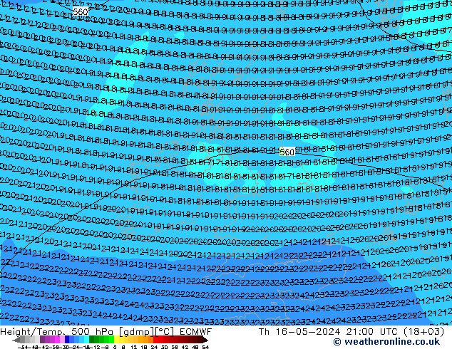 Hoogte/Temp. 500 hPa ECMWF do 16.05.2024 21 UTC