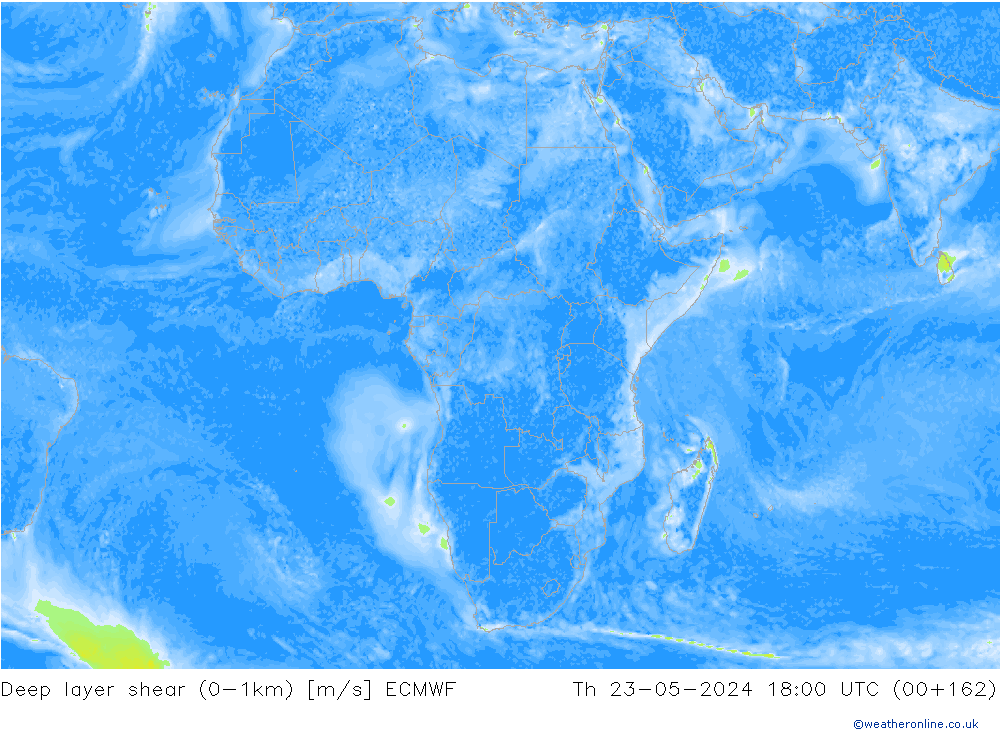 Deep layer shear (0-1km) ECMWF Th 23.05.2024 18 UTC
