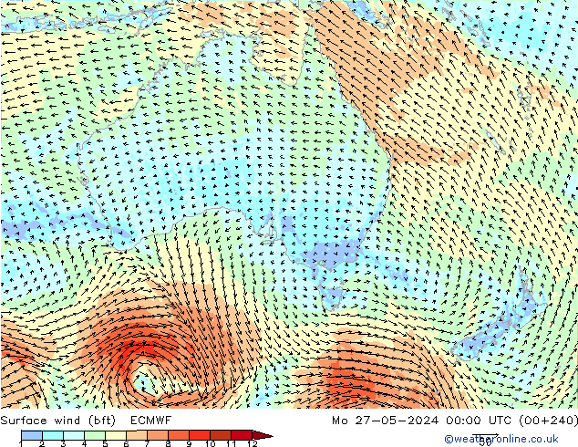 Surface wind (bft) ECMWF Mo 27.05.2024 00 UTC