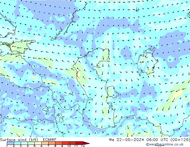 Rüzgar 10 m (bft) ECMWF Çar 22.05.2024 06 UTC