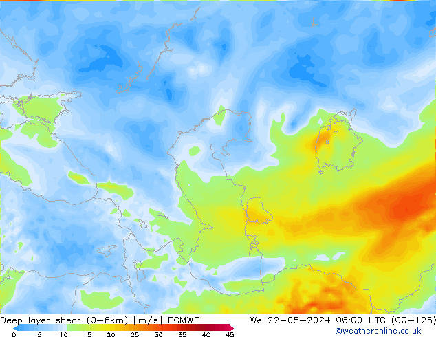 Deep layer shear (0-6km) ECMWF wo 22.05.2024 06 UTC