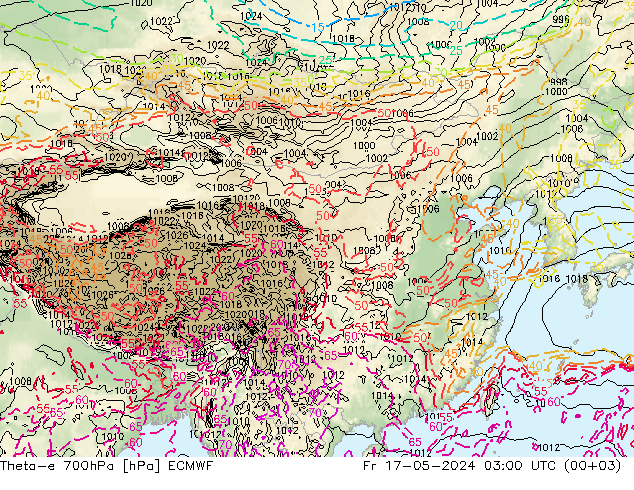 Theta-e 700hPa ECMWF Pá 17.05.2024 03 UTC
