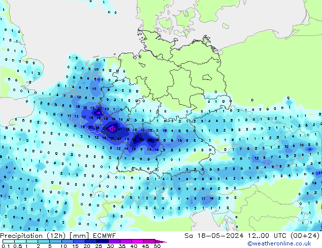 降水量 (12h) ECMWF 星期六 18.05.2024 00 UTC