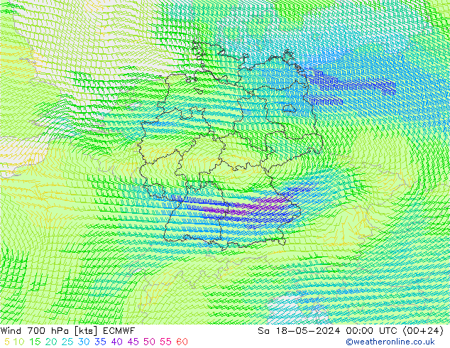 Wind 700 hPa ECMWF Sa 18.05.2024 00 UTC
