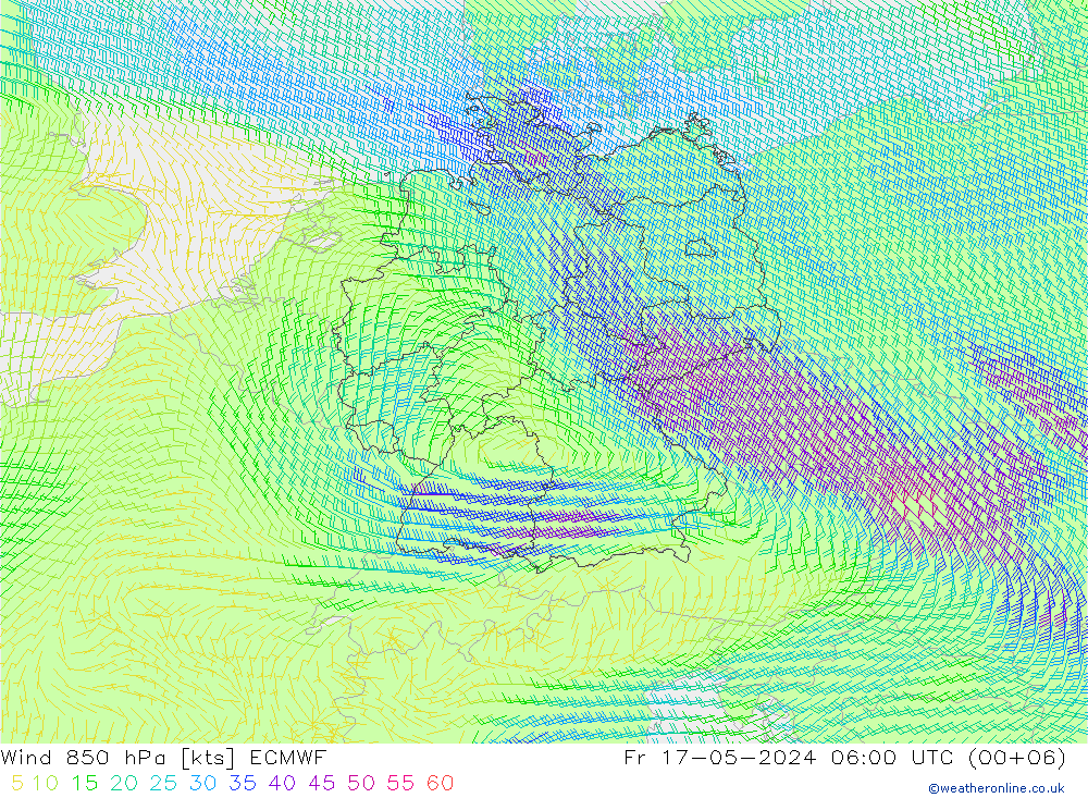 Wind 850 hPa ECMWF Pá 17.05.2024 06 UTC