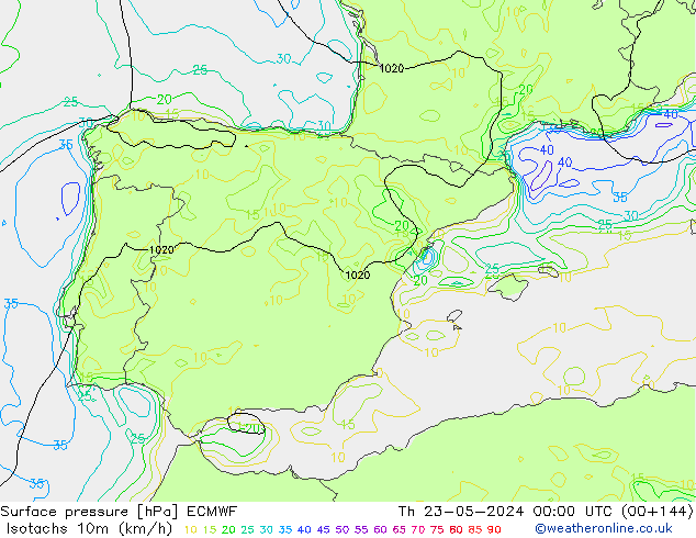 Isotachs (kph) ECMWF Th 23.05.2024 00 UTC