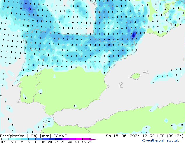 Precipitation (12h) ECMWF Sa 18.05.2024 00 UTC