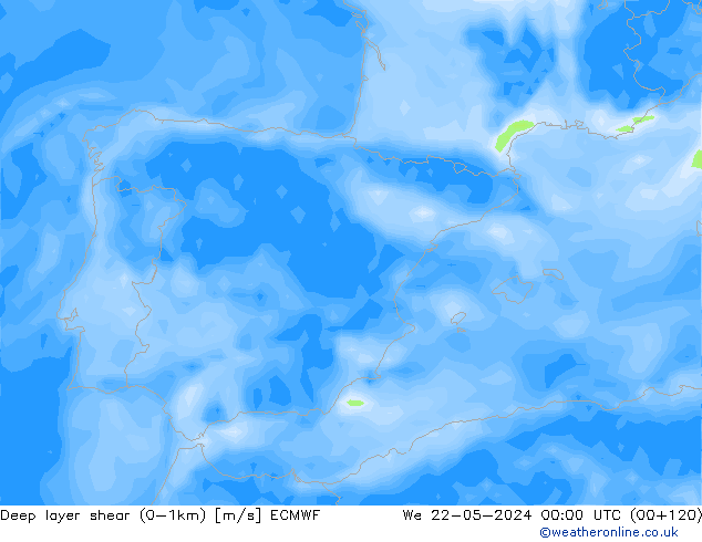Deep layer shear (0-1km) ECMWF Mi 22.05.2024 00 UTC