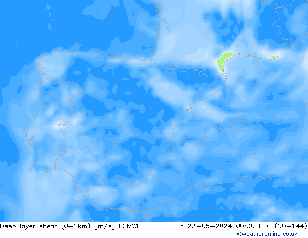 Deep layer shear (0-1km) ECMWF jeu 23.05.2024 00 UTC