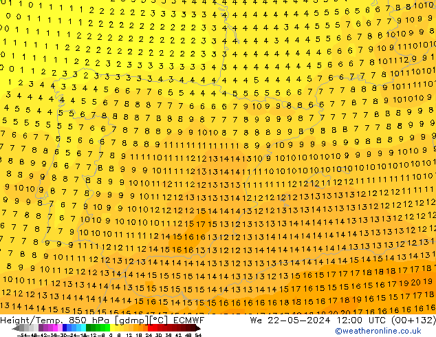 Height/Temp. 850 hPa ECMWF St 22.05.2024 12 UTC