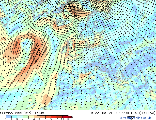 Surface wind (bft) ECMWF Čt 23.05.2024 06 UTC