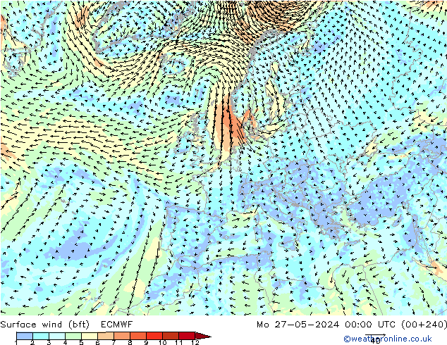 wiatr 10 m (bft) ECMWF pon. 27.05.2024 00 UTC